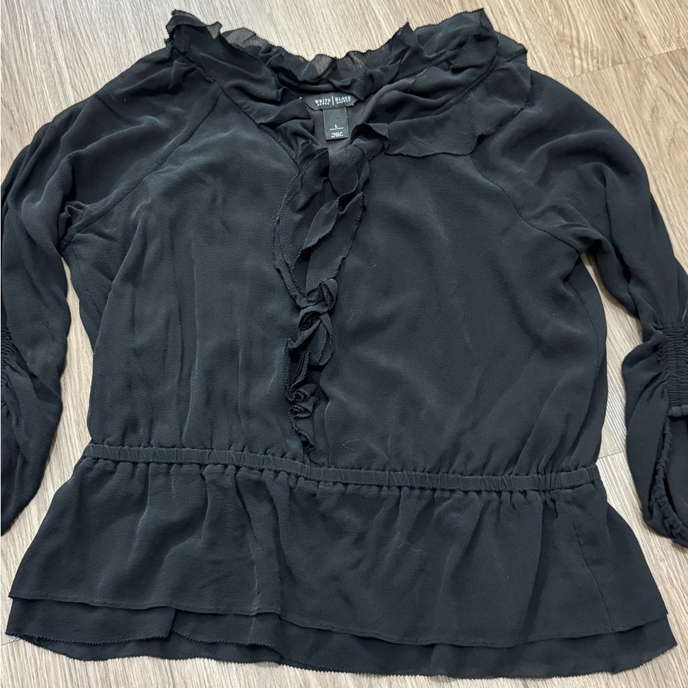 White House Black Market Black Ruffled 3/4 Sleeve Blouse
